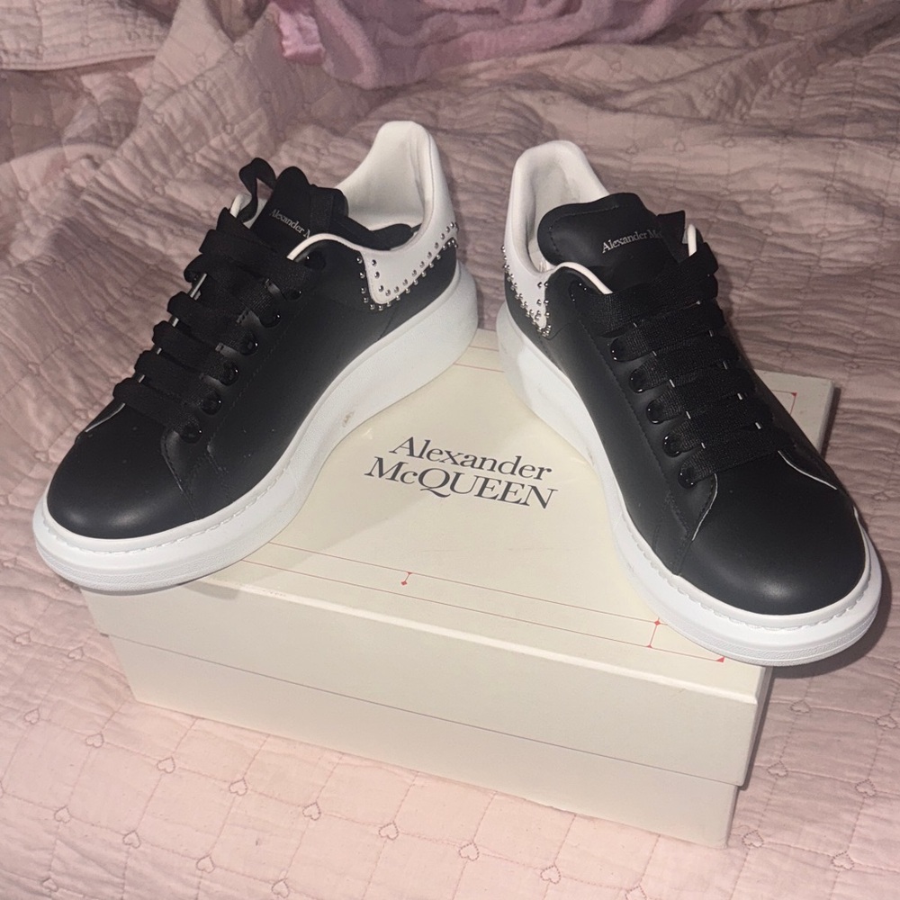 Alexander McQueen Black Leather Sneakers with White Heel and Silver Studs